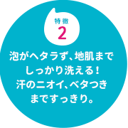 特徴２　お泡がヘタラず、地肌までしっかり洗える！汗のニオイ、ベタつきまですっきり。