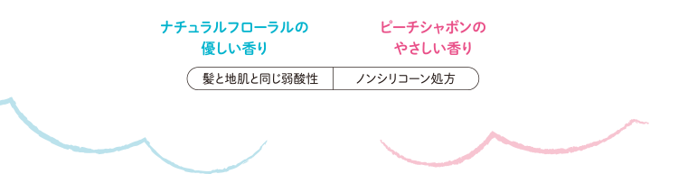 ナチュラルフローラルの優しい香り　ピーチシャボンの優しい香り　地肌と同じ弱酸性　ノンシリコーン処方